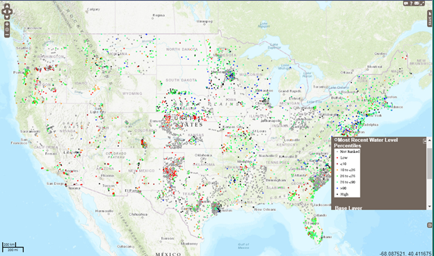 Figure 2. Screen capture of most recent water-level percentile map display and legend.